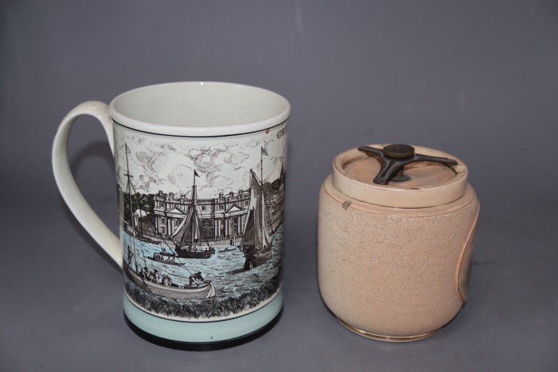 A limited edition Shand Kydd Potter Greenwich by Eric Thomas mug and a W. E. Grace tobacco jar